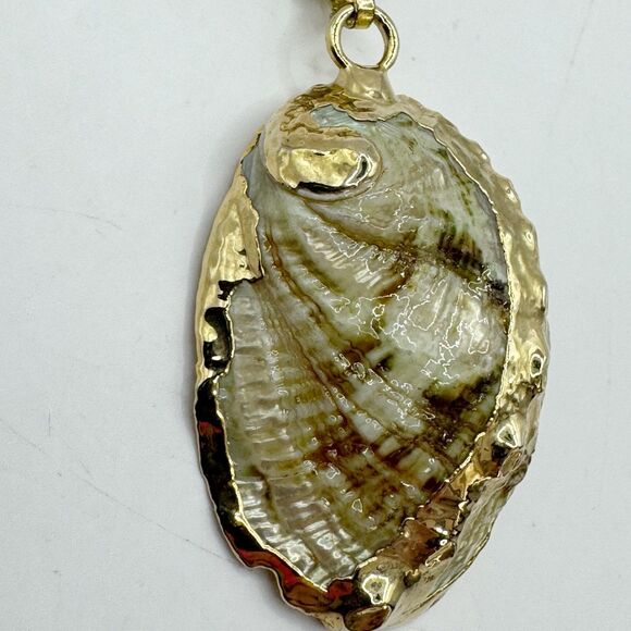 Vintage Gold Dipped Abalone Shell Long Necklace Coastal Beachy Bohemian 27” - Picture 4 of 11